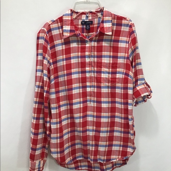 GAP Red Plaid Boyfriend Fit Flannel Shirt - Picture 1 of 6